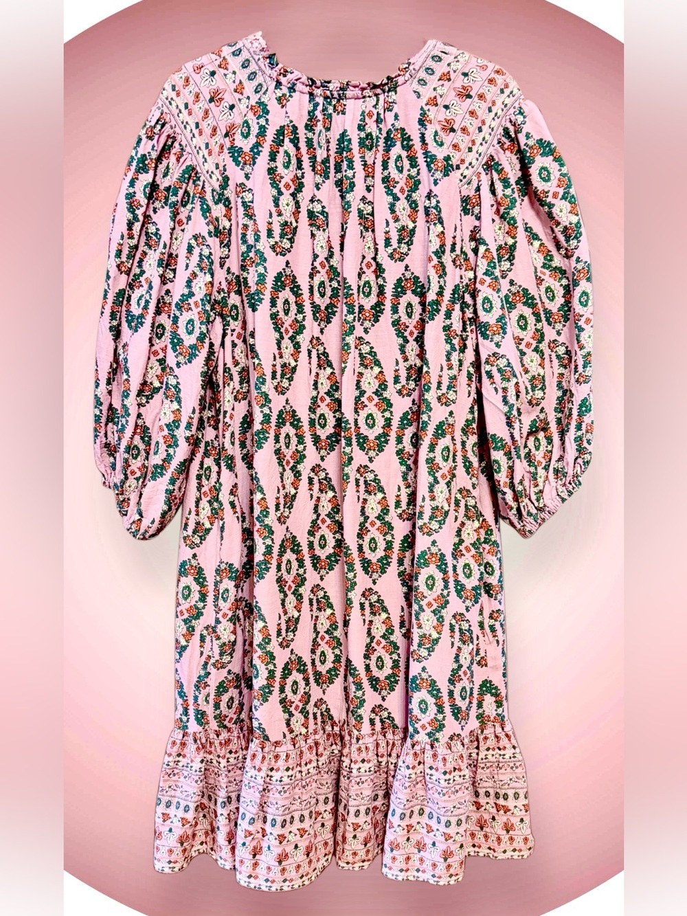 Knox Rose Pink Floral Paisley Midi Dress  with 3/4 Puff Sleeves size Large - Picture 2 of 7